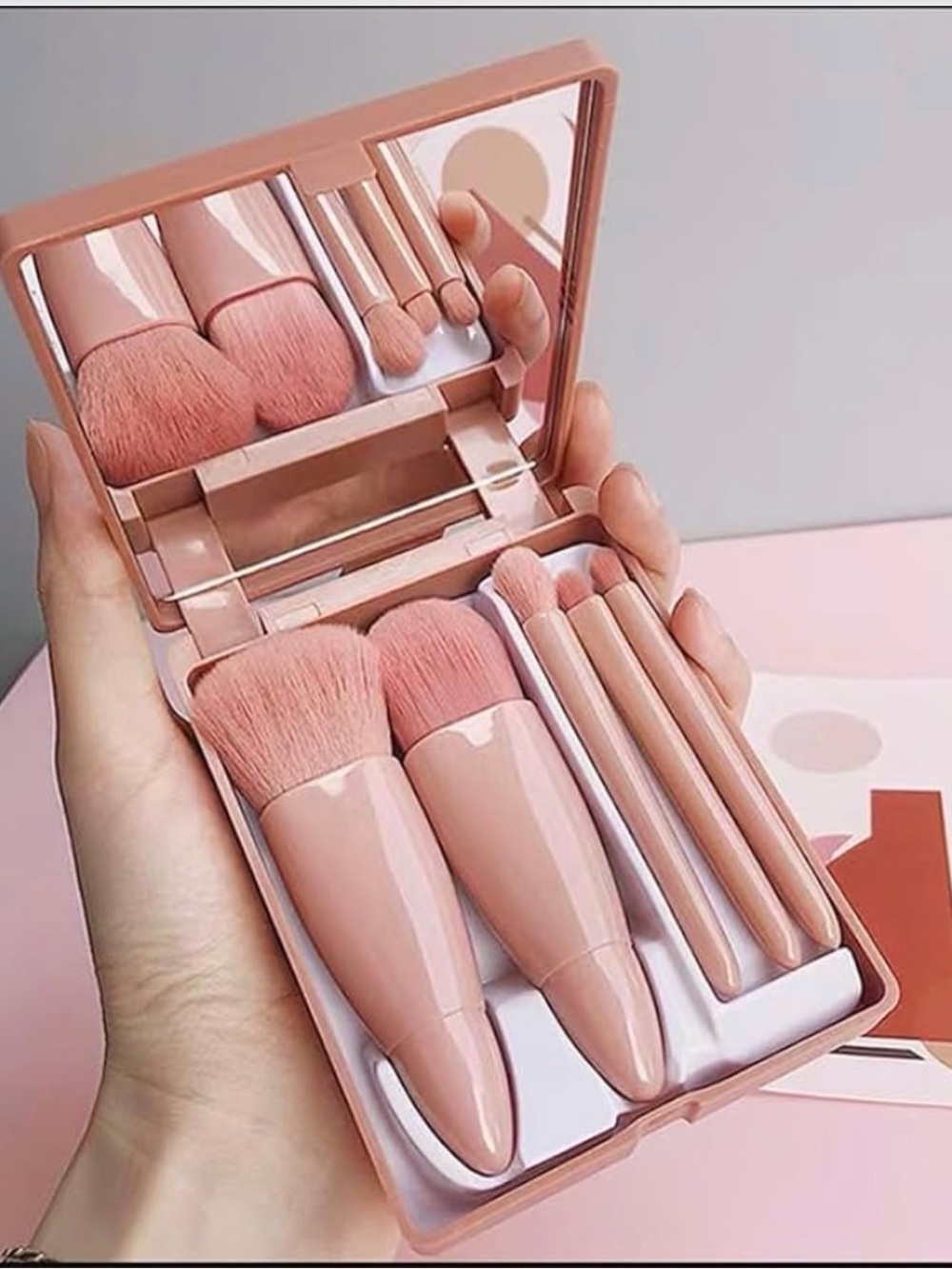 5Pcs Portable Travel Makeup Brush Set with Mirror, Mini Complete brushes